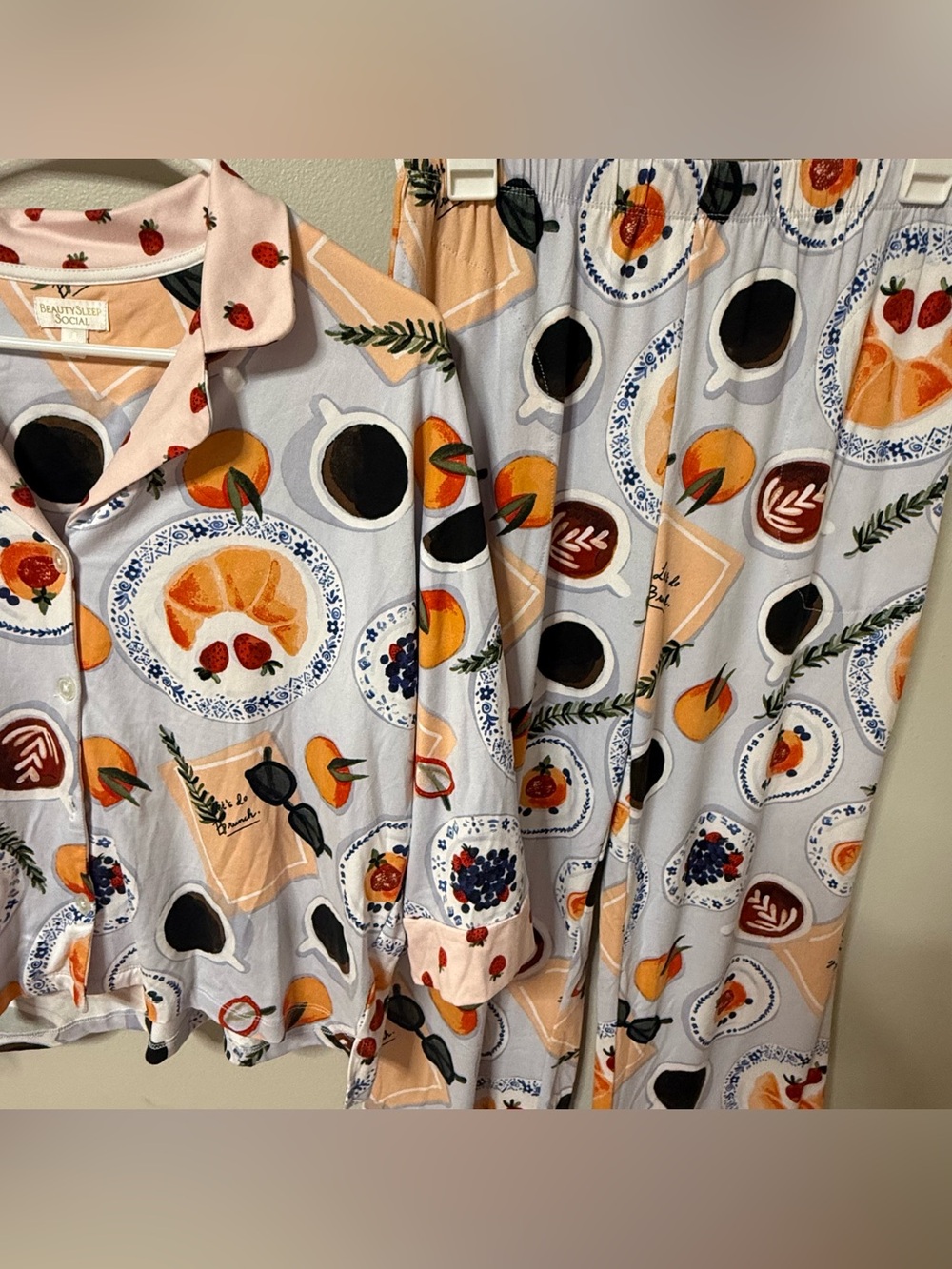Beauty Sleep Social Pajama Set Womens Breakfast Coffee Croissant Billie Small - Picture 2 of 16